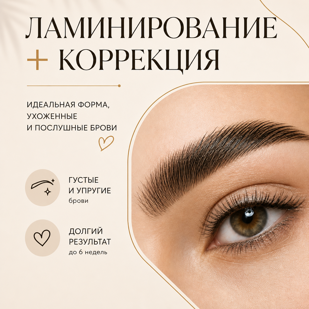 Ламинирование + коррекция: густые и упругие брови, результат до 6 недель